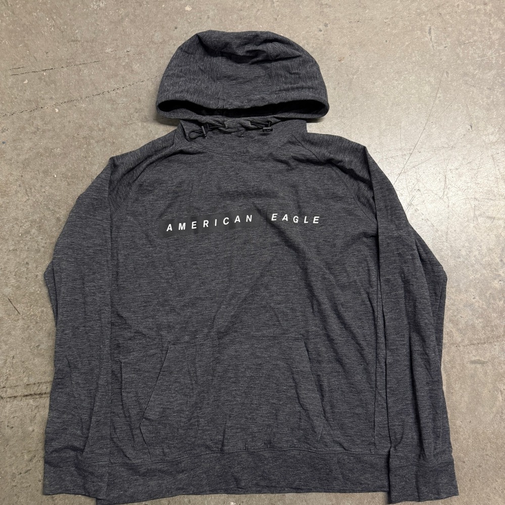 American Eagle Mens XL Gray Heather Hooded Long Sleeve Graphic T-Shirt Pullover